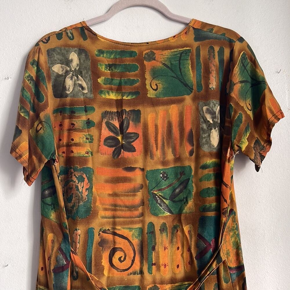 Vintage 90’s Y2K batik print tie back scoop neck shirt sleeve maxi dress sz M - Picture 7 of 9
